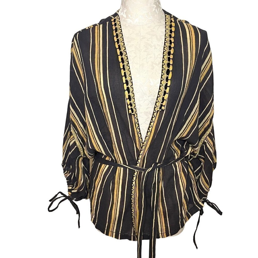 Teoh & Lea Womens Top Size Large Striped Embroidered Belted Gray Yellow Cotton
